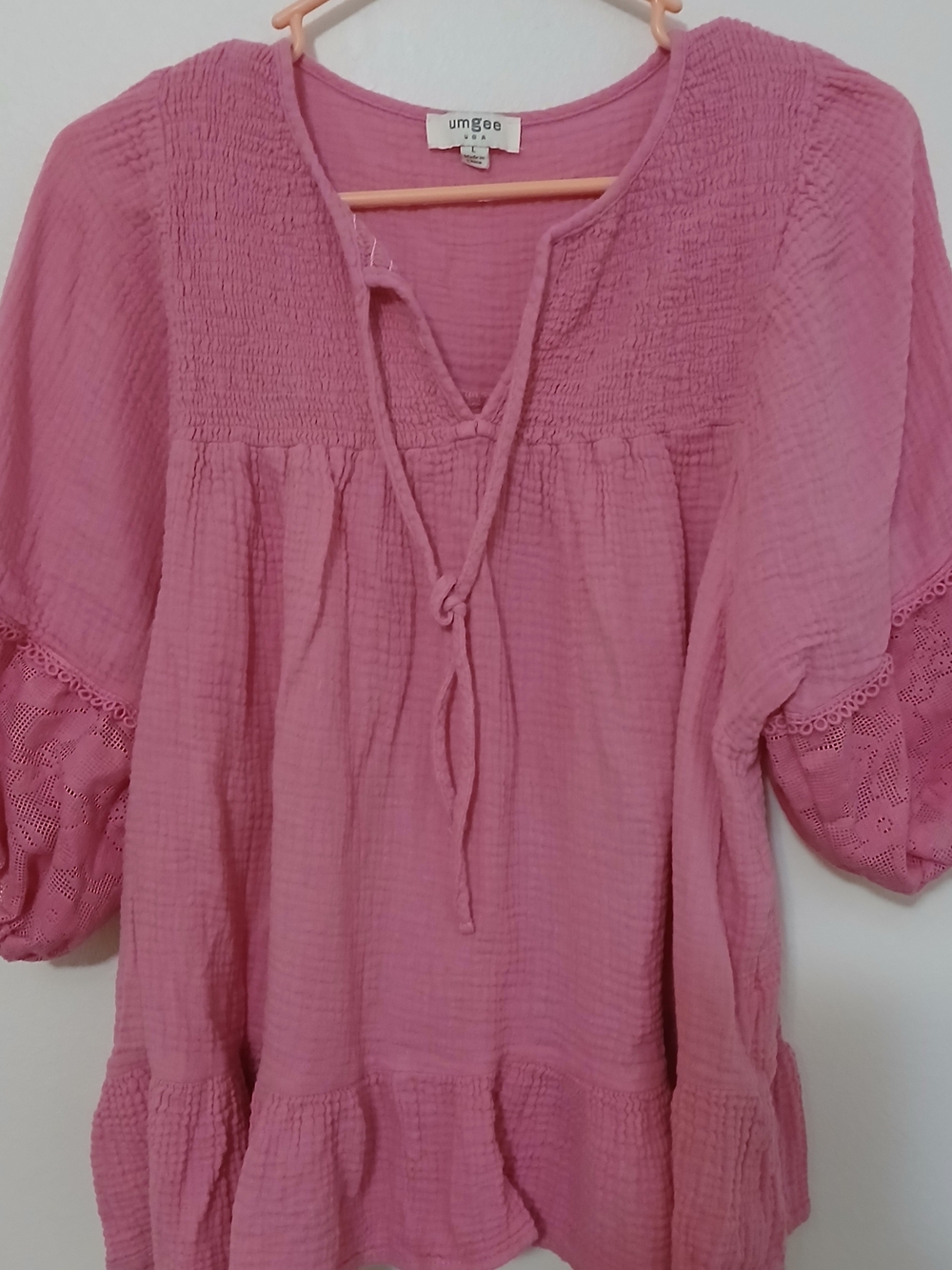 Umgee Rose-Pink Gauze Tie-Front Peasant Blouse
